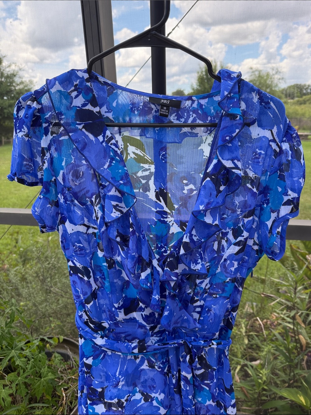 J.B.S. Sheer Blue Floral Ruffle Wrap Midi Dress